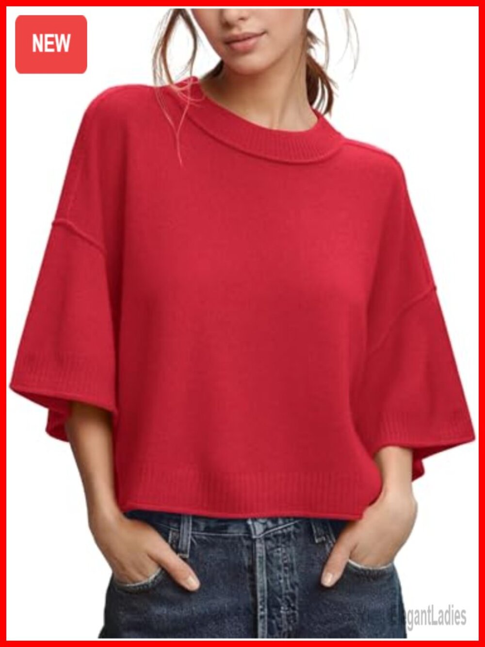 Women's Cropped Knit Sweater 3/4 Sleeve Crew Neck Pullover Top